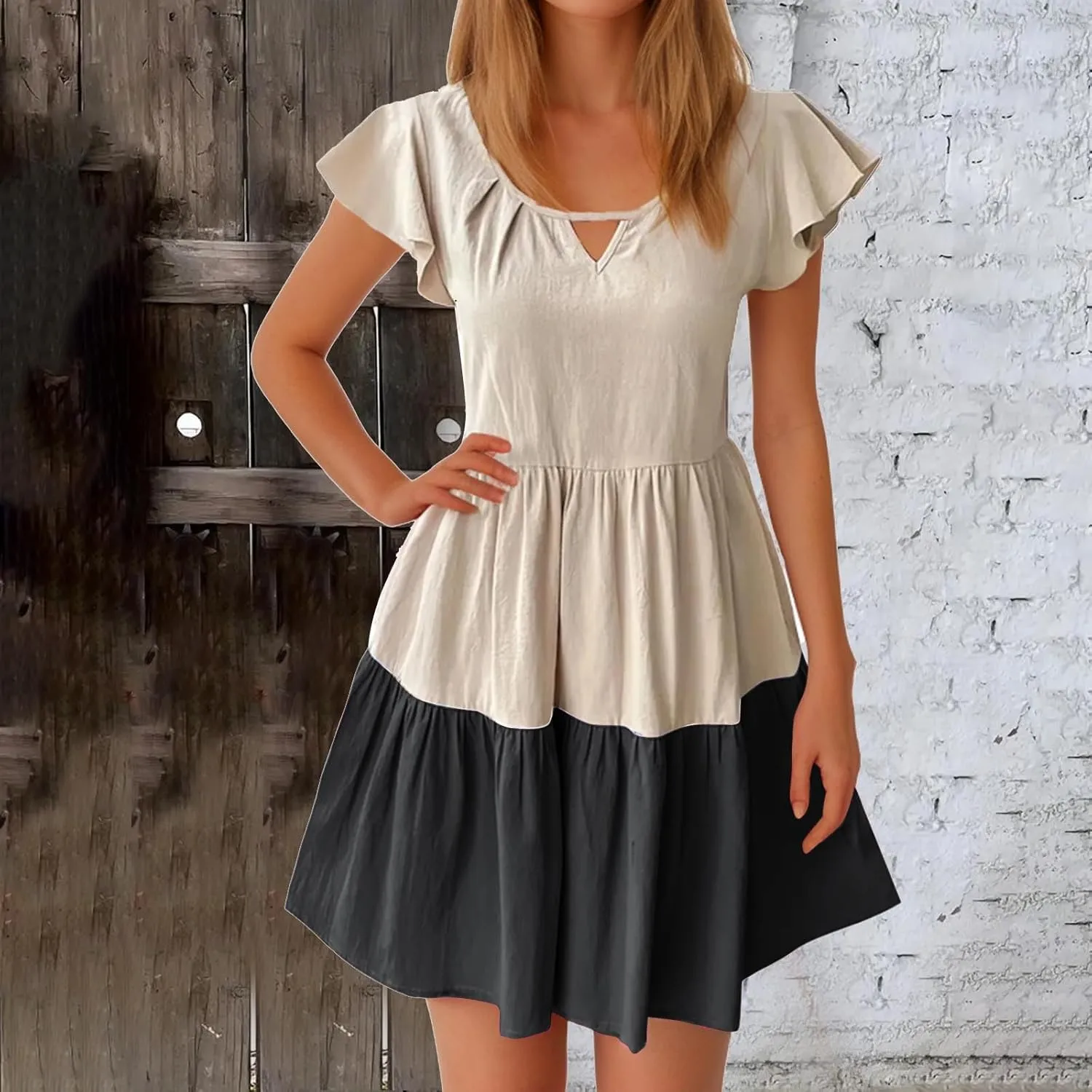 Summer Babydoll Dresses for Women Casual V Neck Ruffle Sleeve Cute Dress Beach Vacation Swing Mini Sundress