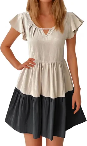 Summer Babydoll Dresses for Women Casual V Neck Ruffle Sleeve Cute Dress Beach Vacation Swing Mini Sundress