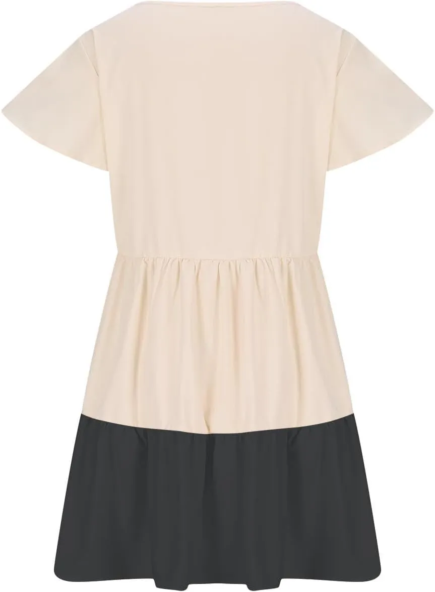 Summer Babydoll Dresses for Women Casual V Neck Ruffle Sleeve Cute Dress Beach Vacation Swing Mini Sundress