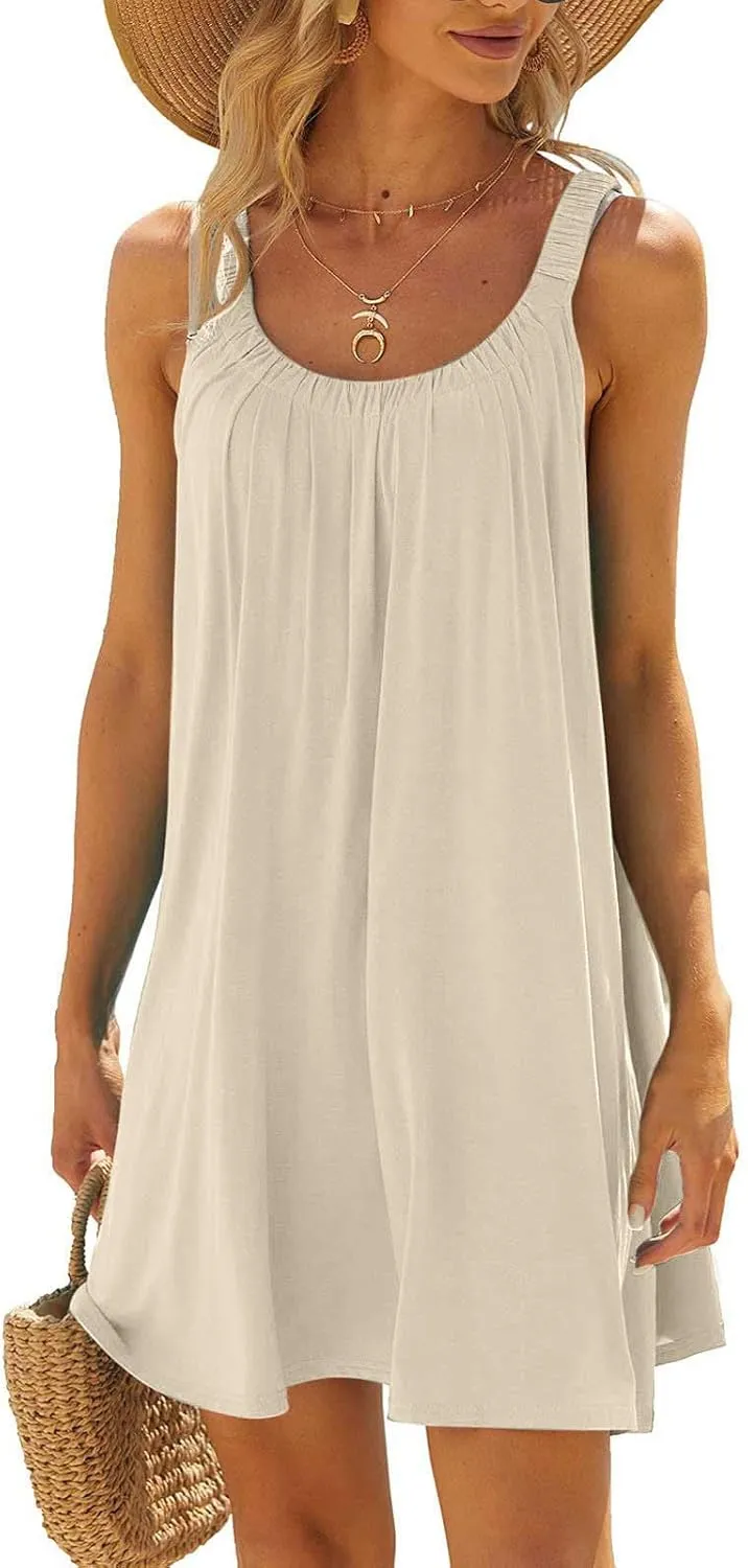 Summer Beach Dress for Women Casual Sleeveless Solid Color Dresses Loose Crew Neck Pleated Vacation Sundress