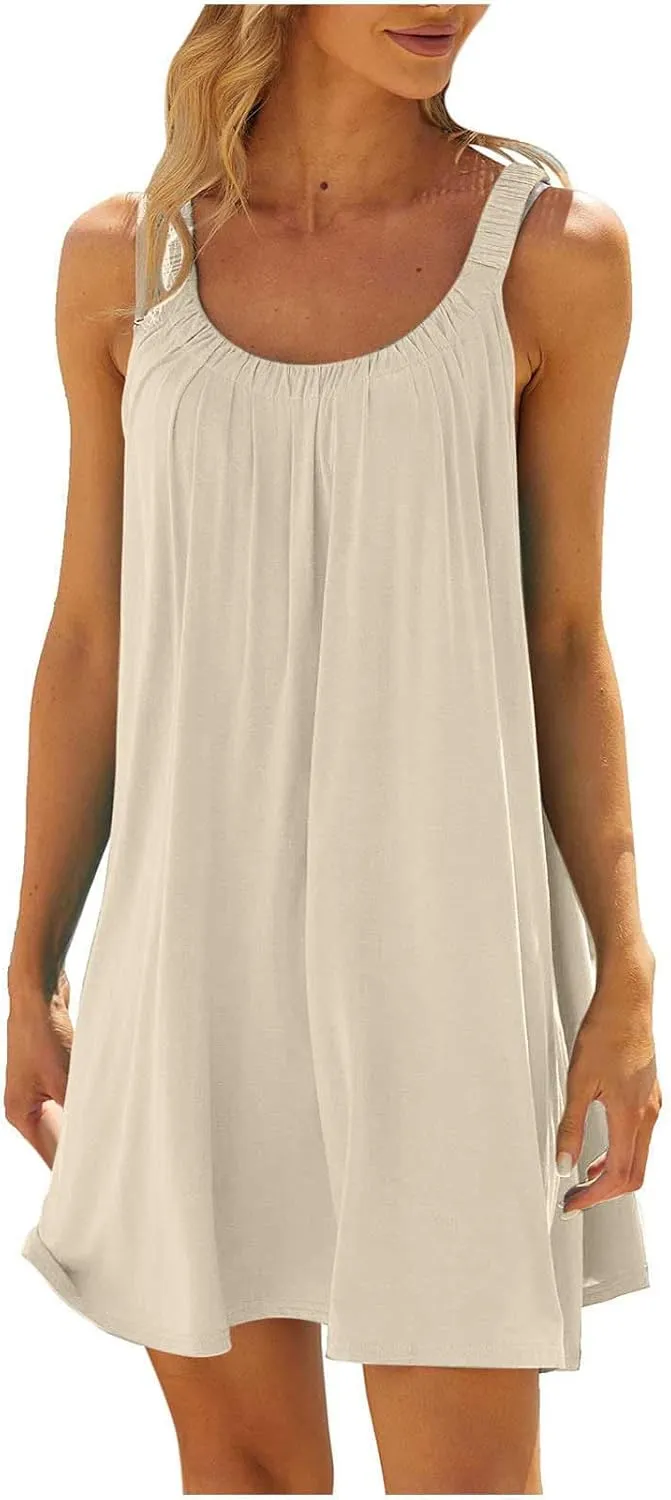 Summer Beach Dress for Women Casual Sleeveless Solid Color Dresses Loose Crew Neck Pleated Vacation Sundress