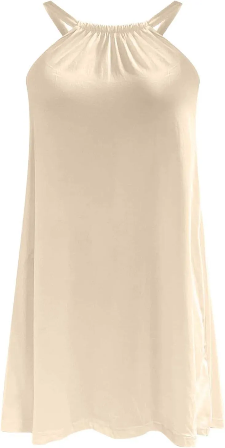 Summer Beach Dress for Women Casual Sleeveless Solid Color Dresses Loose Crew Neck Pleated Vacation Sundress