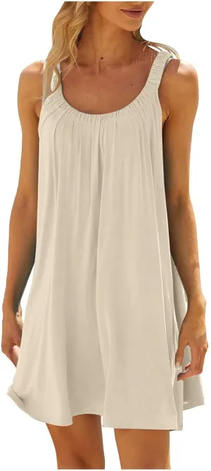 Summer Beach Dress for Women Casual Sleeveless Solid Color Dresses Loose Crew Neck Pleated Vacation Sundress