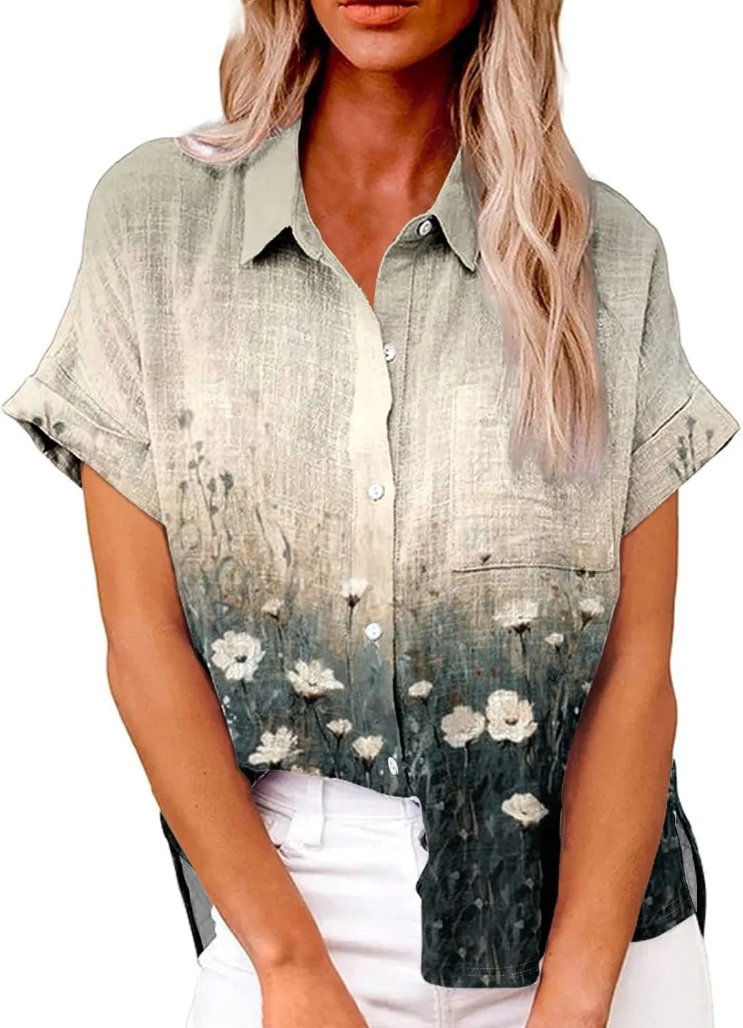 Summer Cute Tops Trendy Button Down Shirts for Women Linen Short Sleeve Tops V Neck Floral Print Active Blouses Spring
