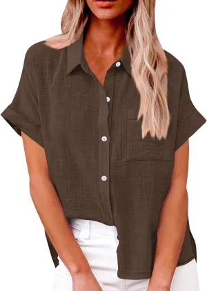 Summer Cute Tops Trendy Button Down Shirts for Women Linen Short Sleeve Tops V Neck Floral Print Active Blouses Spring