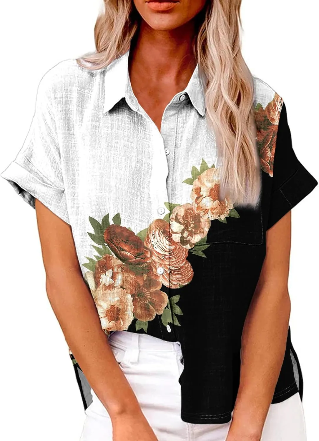 Summer Cute Tops Trendy Button Down Shirts for Women Linen Short Sleeve Tops V Neck Floral Print Active Blouses Spring