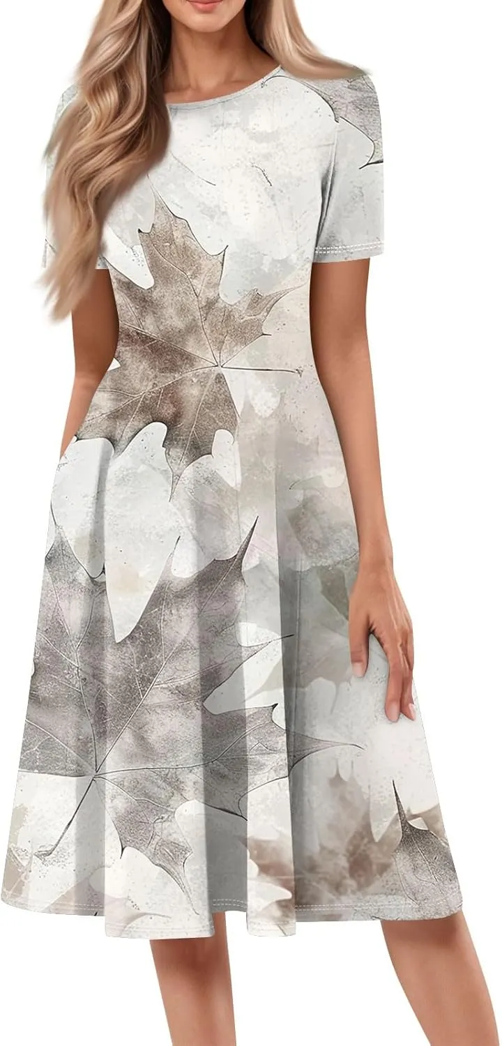 Summer Dresses for Women 2025 Beach Vacation Crewneck Short Sleeve Elegant A Line Dress Side Pockets Midi Sun Dress