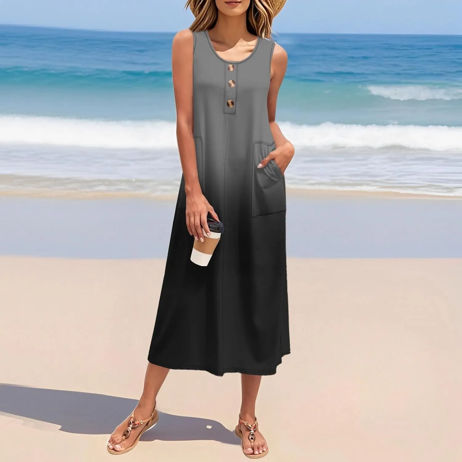 Summer Dresses for Women 2025 Beach Vacation Spring Clothes Sleeveless Crew Neck Buttons Maxi Dresses