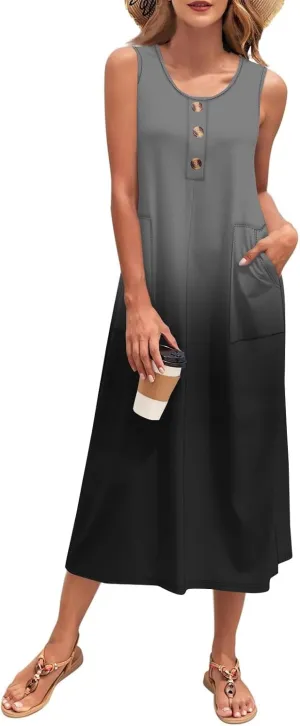 Summer Dresses for Women 2025 Beach Vacation Spring Clothes Sleeveless Crew Neck Buttons Maxi Dresses