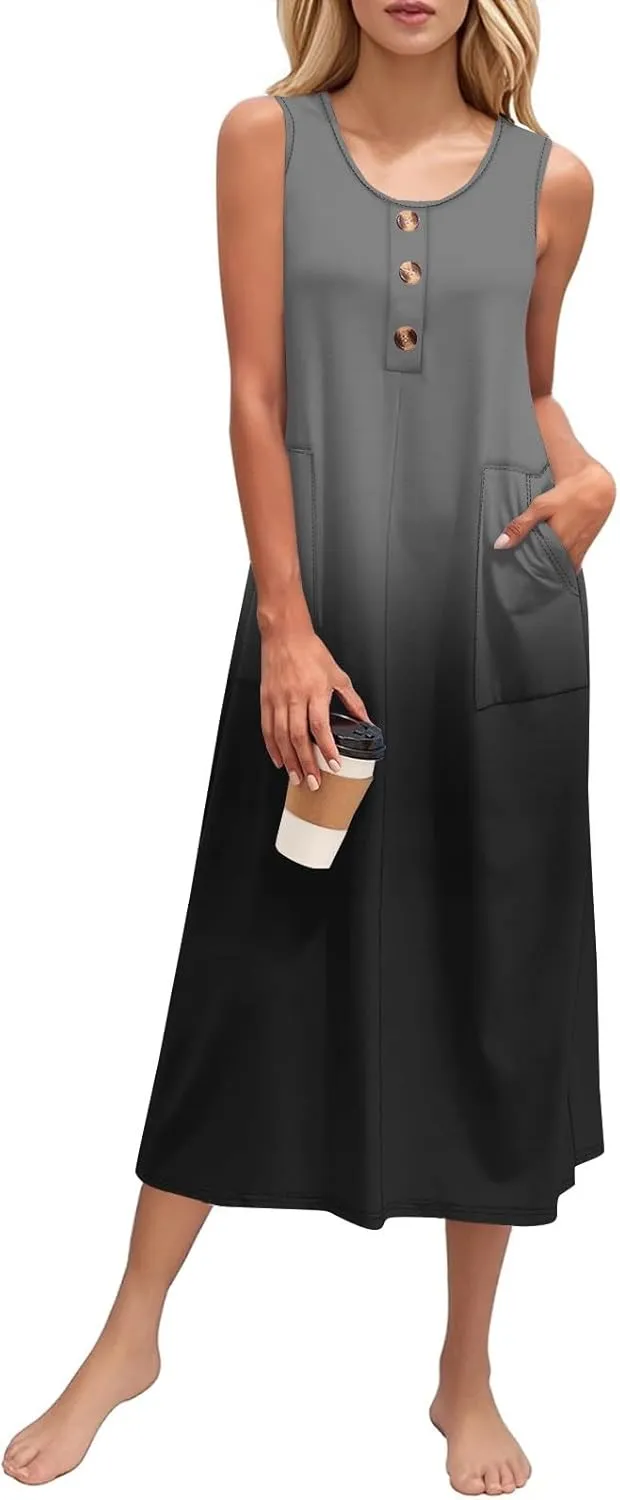 Summer Dresses for Women 2025 Beach Vacation Spring Clothes Sleeveless Crew Neck Buttons Maxi Dresses