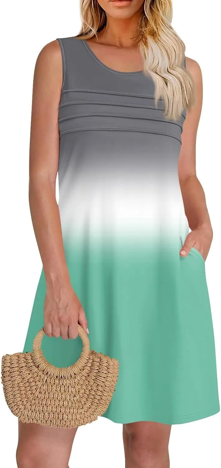 Summer Dresses for Women 2025 Beach Vacation Spring Clothes Sleeveless Round Neck Folds Casual Sun Dress