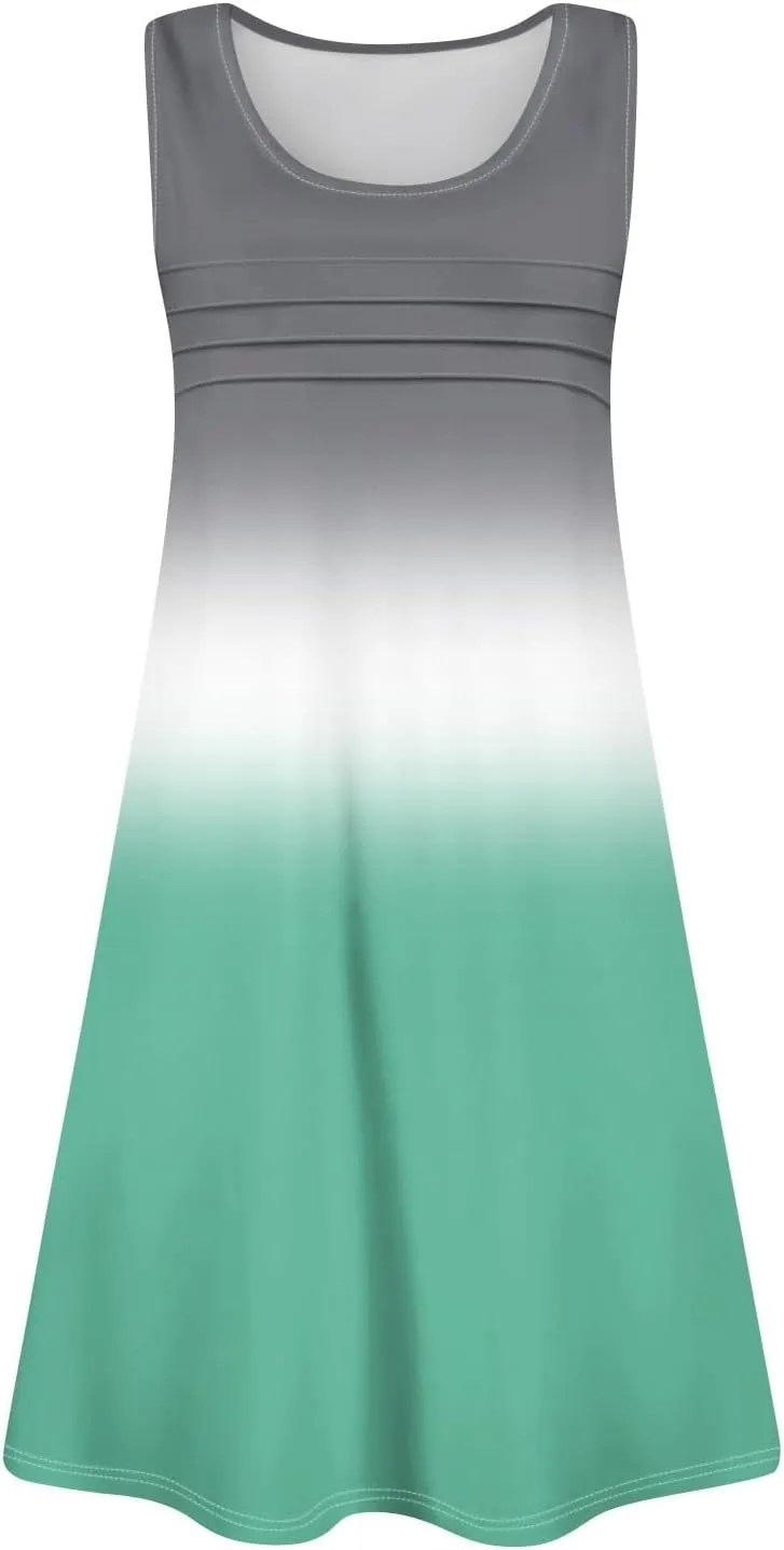 Summer Dresses for Women 2025 Beach Vacation Spring Clothes Sleeveless Round Neck Folds Casual Sun Dress