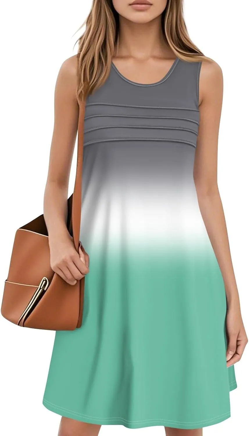 Summer Dresses for Women 2025 Beach Vacation Spring Clothes Sleeveless Round Neck Folds Casual Sun Dress