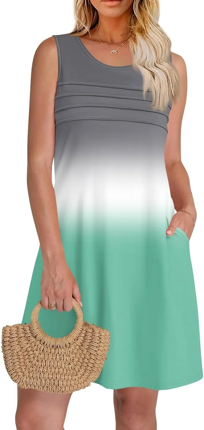 Summer Dresses for Women 2025 Beach Vacation Spring Clothes Sleeveless Round Neck Folds Casual Sun Dress