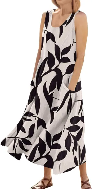 Summer Dresses for Women 2025 Casual Crew Neck Sleeveless Maxi Dress Loose Flowy Floral Beach Sundress with Pockets