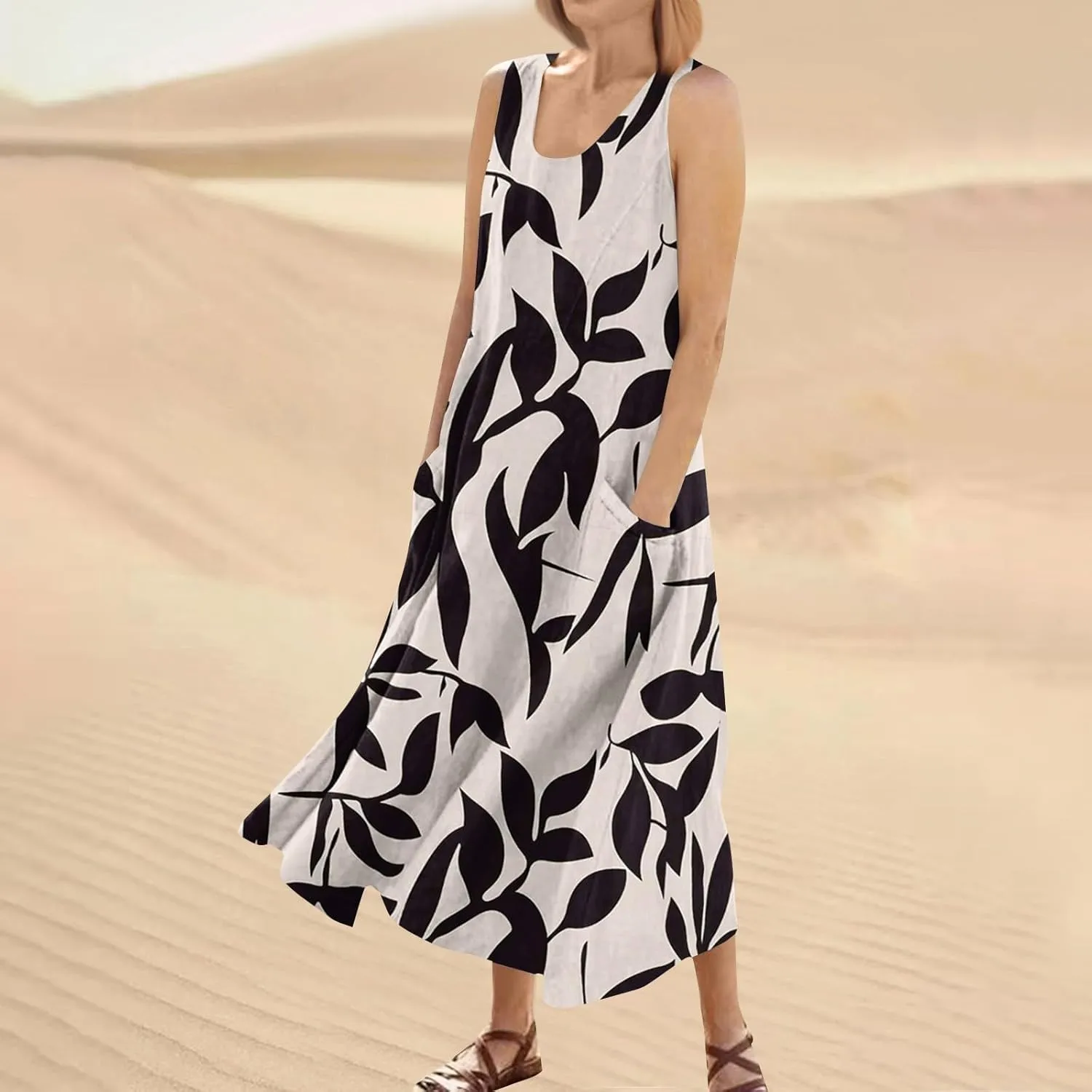 Summer Dresses for Women 2025 Casual Crew Neck Sleeveless Maxi Dress Loose Flowy Floral Beach Sundress with Pockets