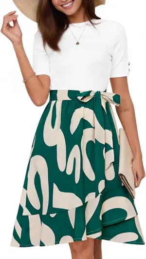 Summer Dresses for Women 2025 Crewneck Short Sleeve Floral Formal Dress Casual Midi Wedding Guest Dress with Belt