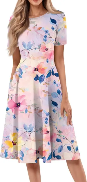 Summer Dresses for Women 2025 Midi Sun Dress Vacation Crewneck Short Sleeve Empire Waist A Line Dress Side Pockets