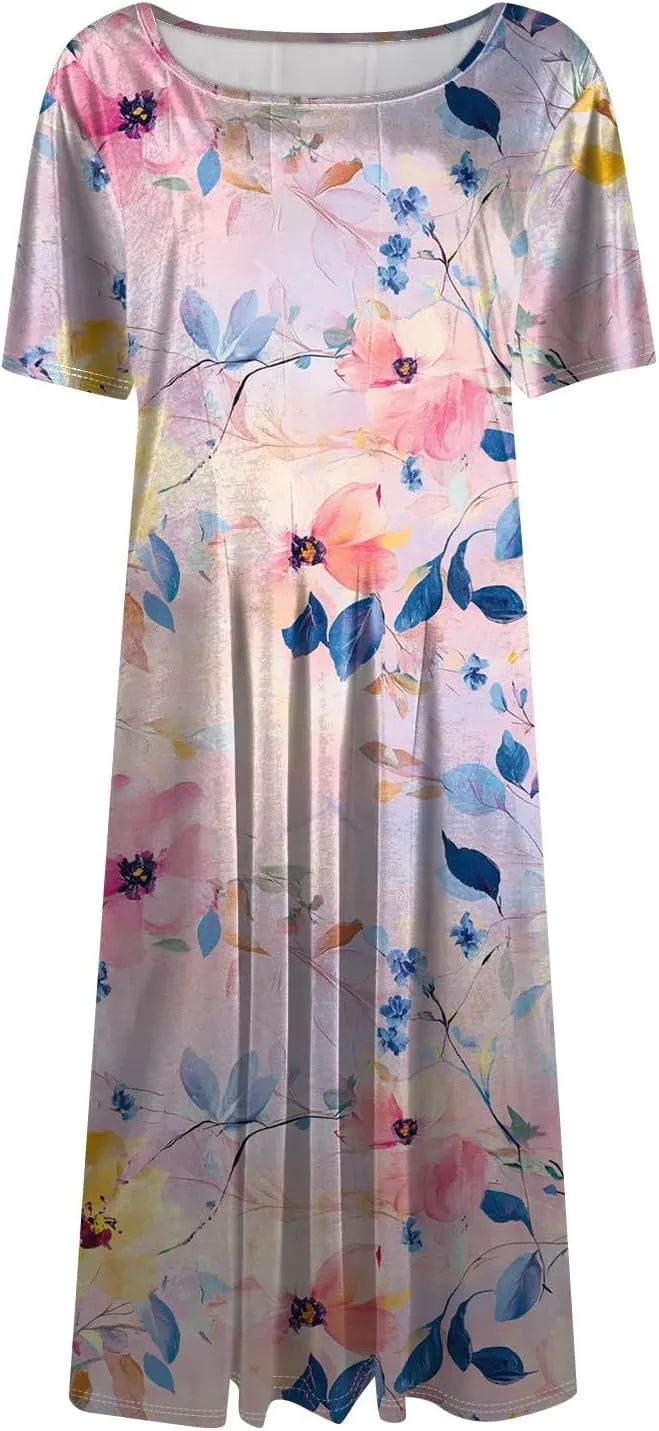Summer Dresses for Women 2025 Midi Sun Dress Vacation Crewneck Short Sleeve Empire Waist A Line Dress Side Pockets