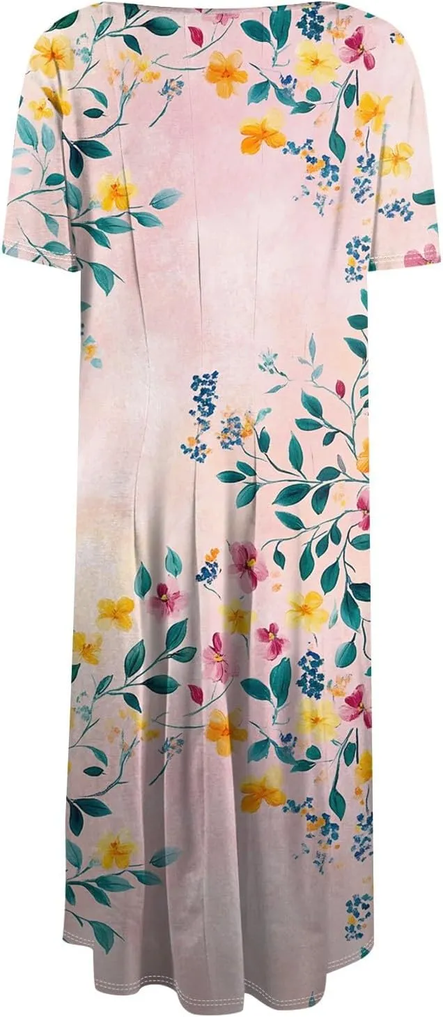 Summer Dresses for Women 2025 Midi Sun Dress Vacation Crewneck Short Sleeve Empire Waist A Line Dress Side Pockets
