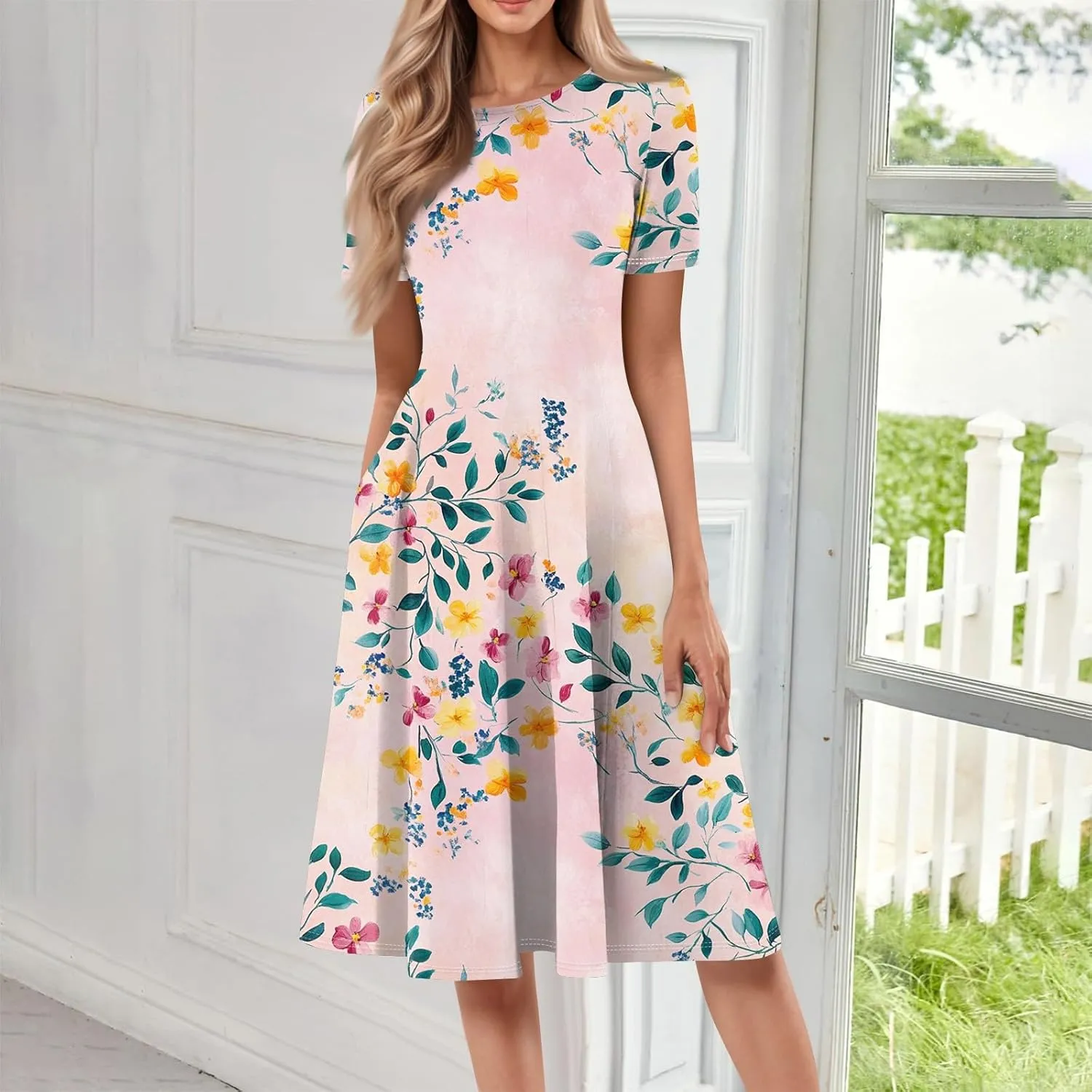 Summer Dresses for Women 2025 Midi Sun Dress Vacation Crewneck Short Sleeve Empire Waist A Line Dress Side Pockets