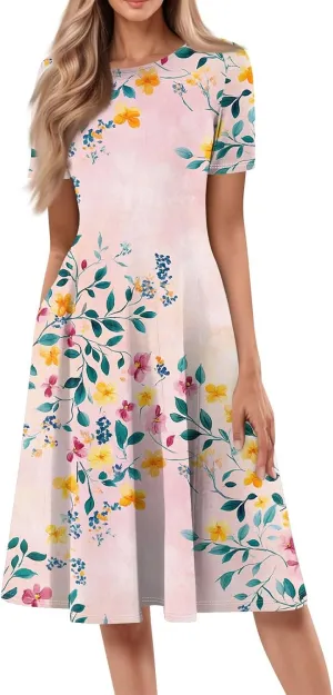 Summer Dresses for Women 2025 Midi Sun Dress Vacation Crewneck Short Sleeve Empire Waist A Line Dress Side Pockets
