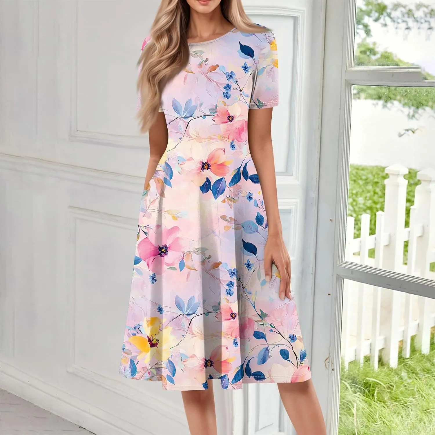 Summer Dresses for Women 2025 Midi Sun Dress Vacation Crewneck Short Sleeve Empire Waist A Line Dress Side Pockets