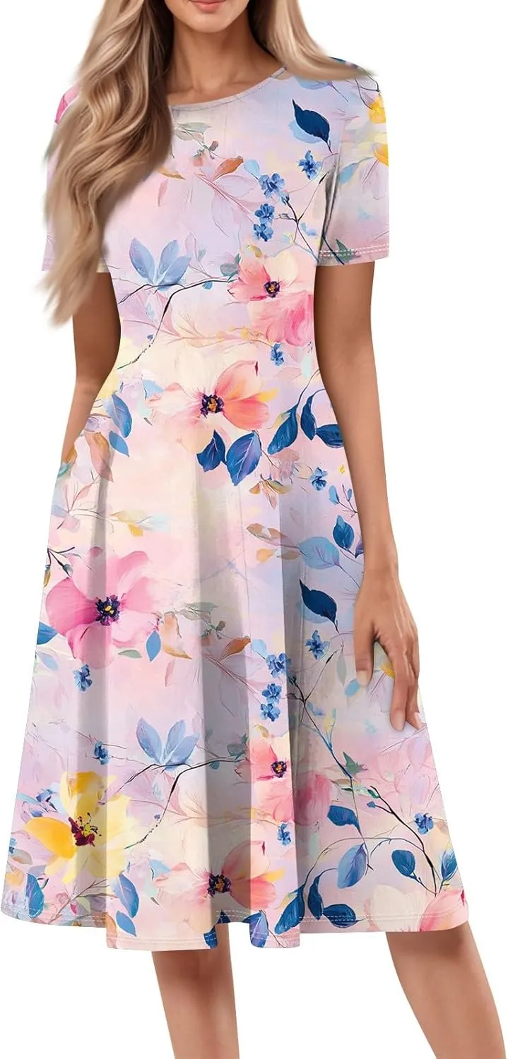 Summer Dresses for Women 2025 Midi Sun Dress Vacation Crewneck Short Sleeve Empire Waist A Line Dress Side Pockets