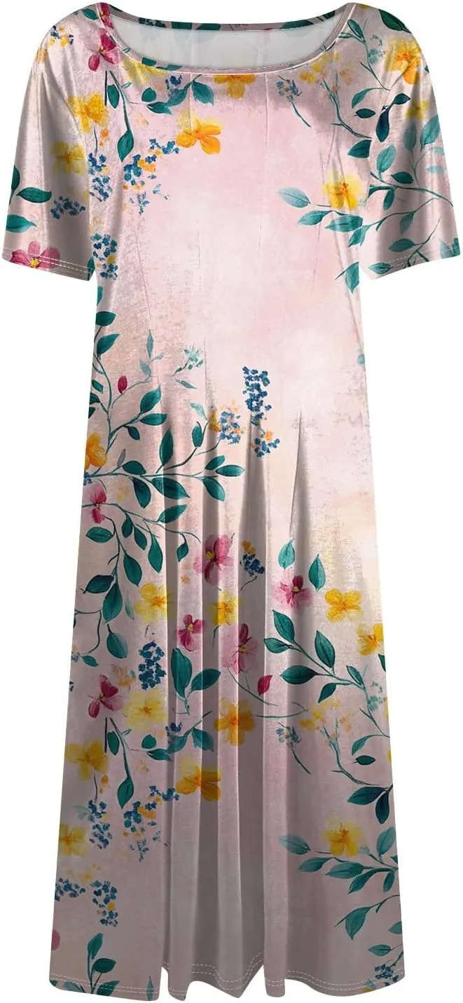 Summer Dresses for Women 2025 Midi Sun Dress Vacation Crewneck Short Sleeve Empire Waist A Line Dress Side Pockets