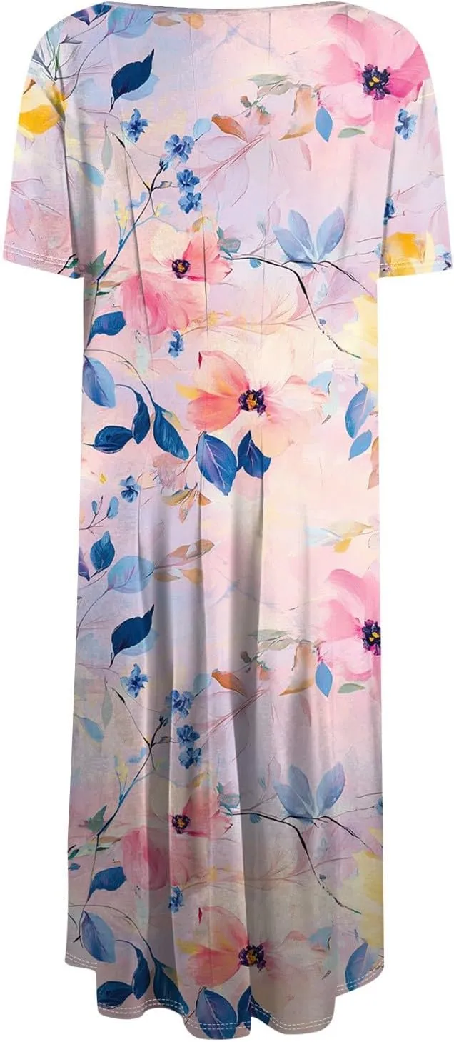 Summer Dresses for Women 2025 Midi Sun Dress Vacation Crewneck Short Sleeve Empire Waist A Line Dress Side Pockets