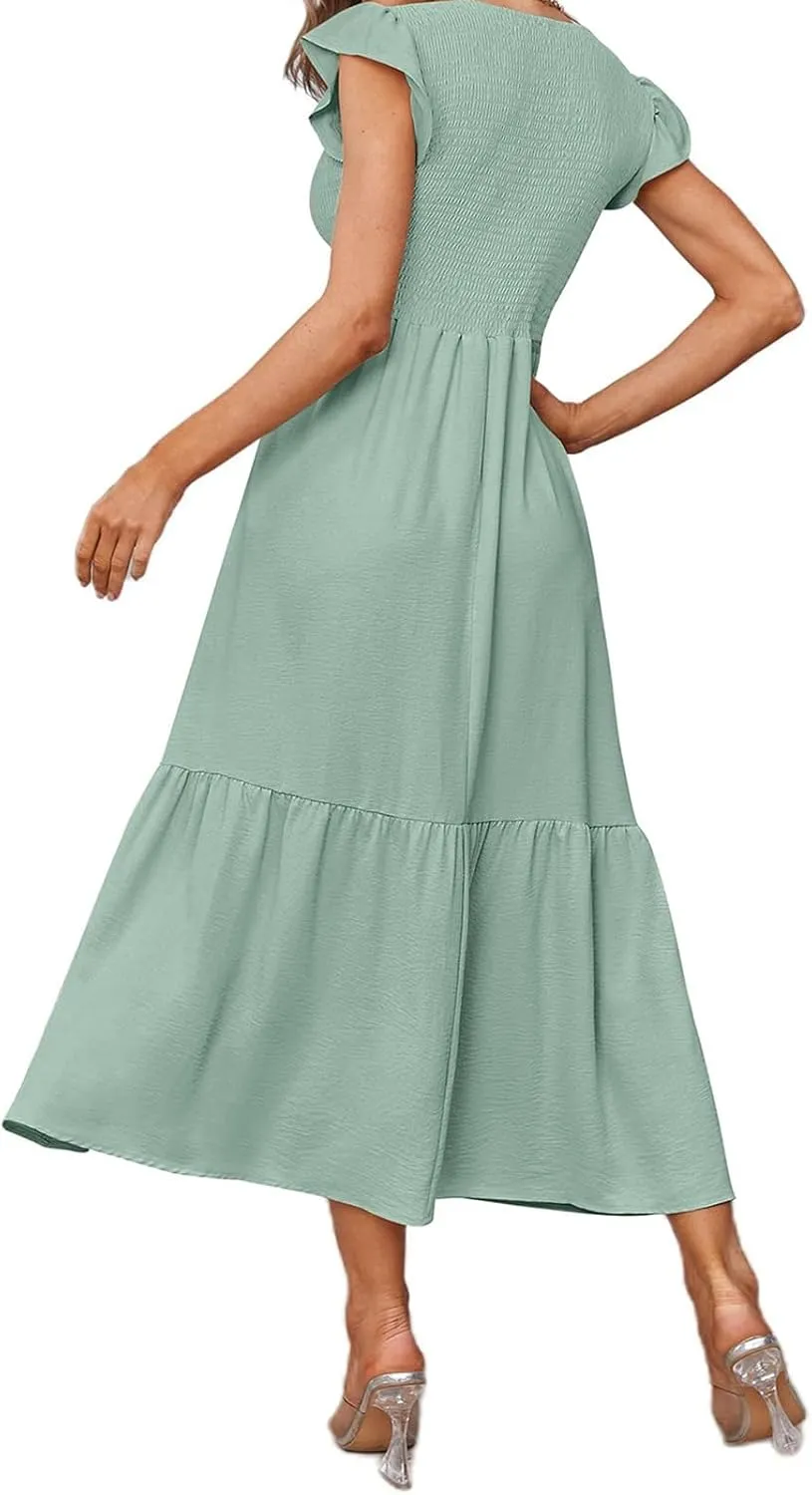 Summer Dresses for Women Ruffle Cap Sleeve Midi Sundress Casual Tiered A-Line Dress Sexy Beach Halter Flowy Dresses