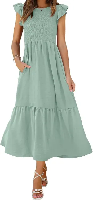 Summer Dresses for Women Ruffle Cap Sleeve Midi Sundress Casual Tiered A-Line Dress Sexy Beach Halter Flowy Dresses
