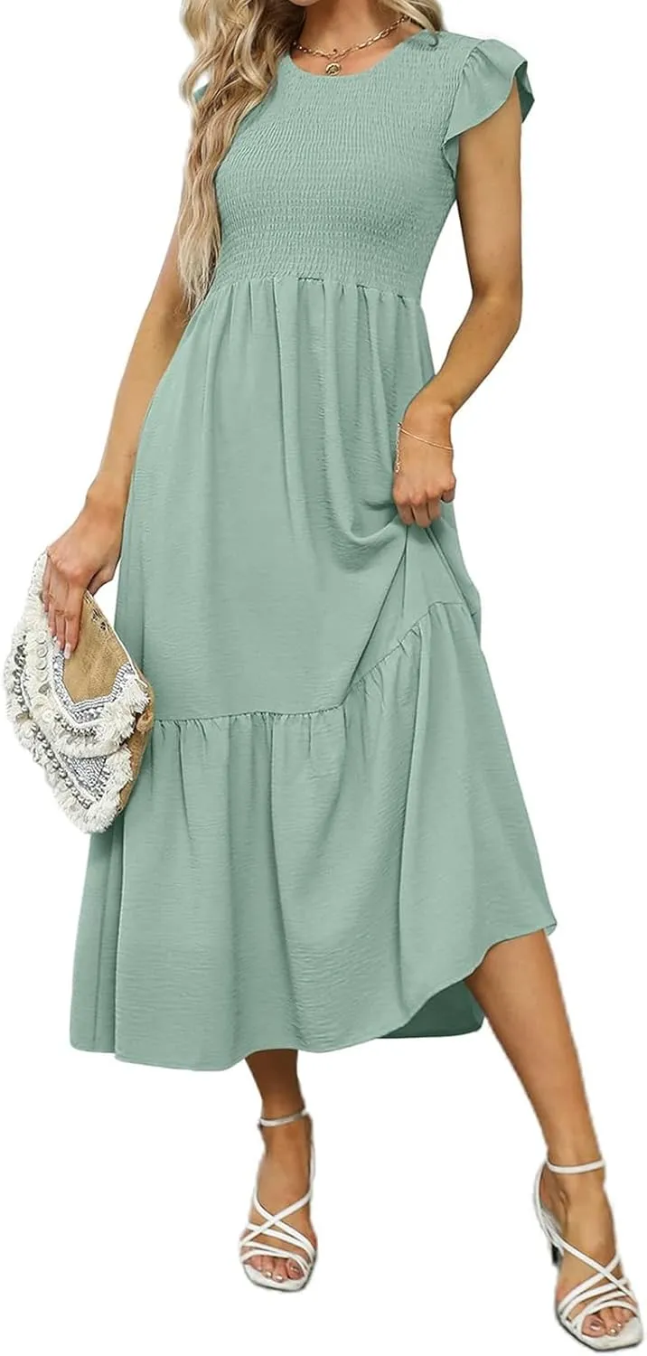 Summer Dresses for Women Ruffle Cap Sleeve Midi Sundress Casual Tiered A-Line Dress Sexy Beach Halter Flowy Dresses