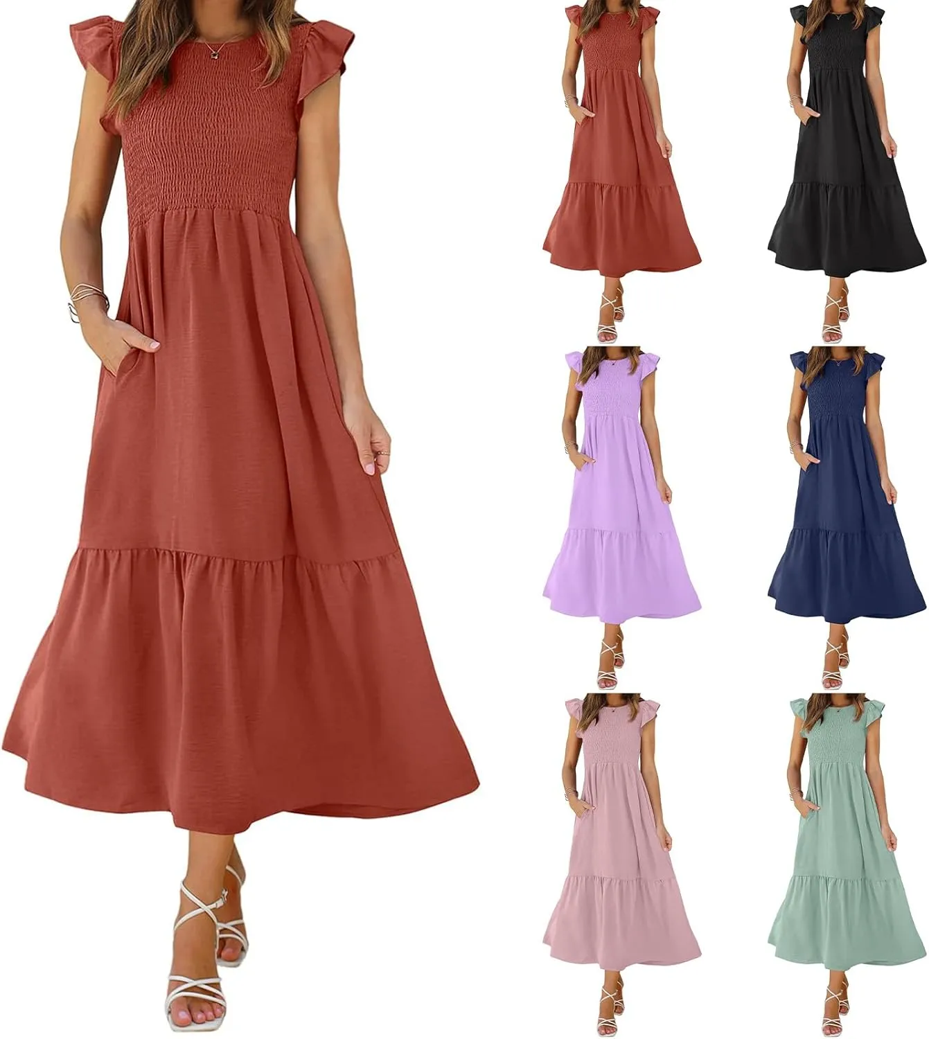 Summer Dresses for Women Ruffle Cap Sleeve Midi Sundress Casual Tiered A-Line Dress Sexy Beach Halter Flowy Dresses