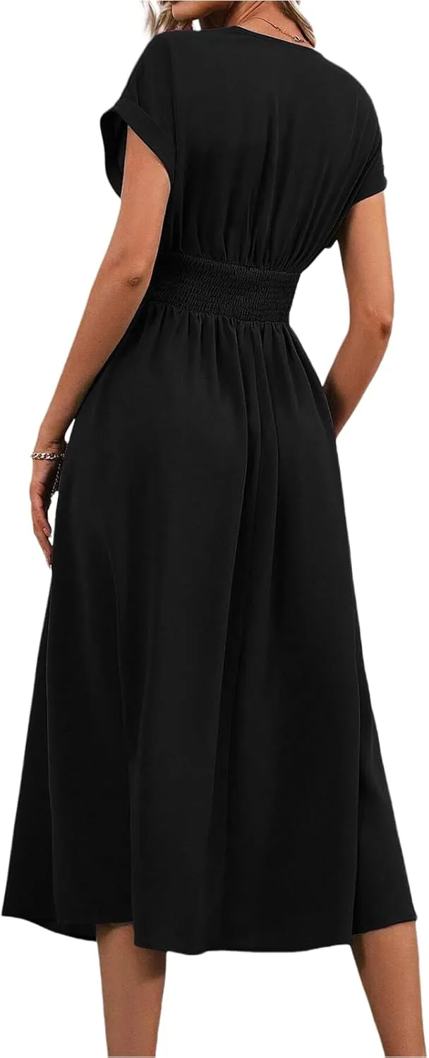 Summer Dresses for Women Short Sleeve Casual Dresses V-Neck Smocked High Waist Flowy Maxi Dress