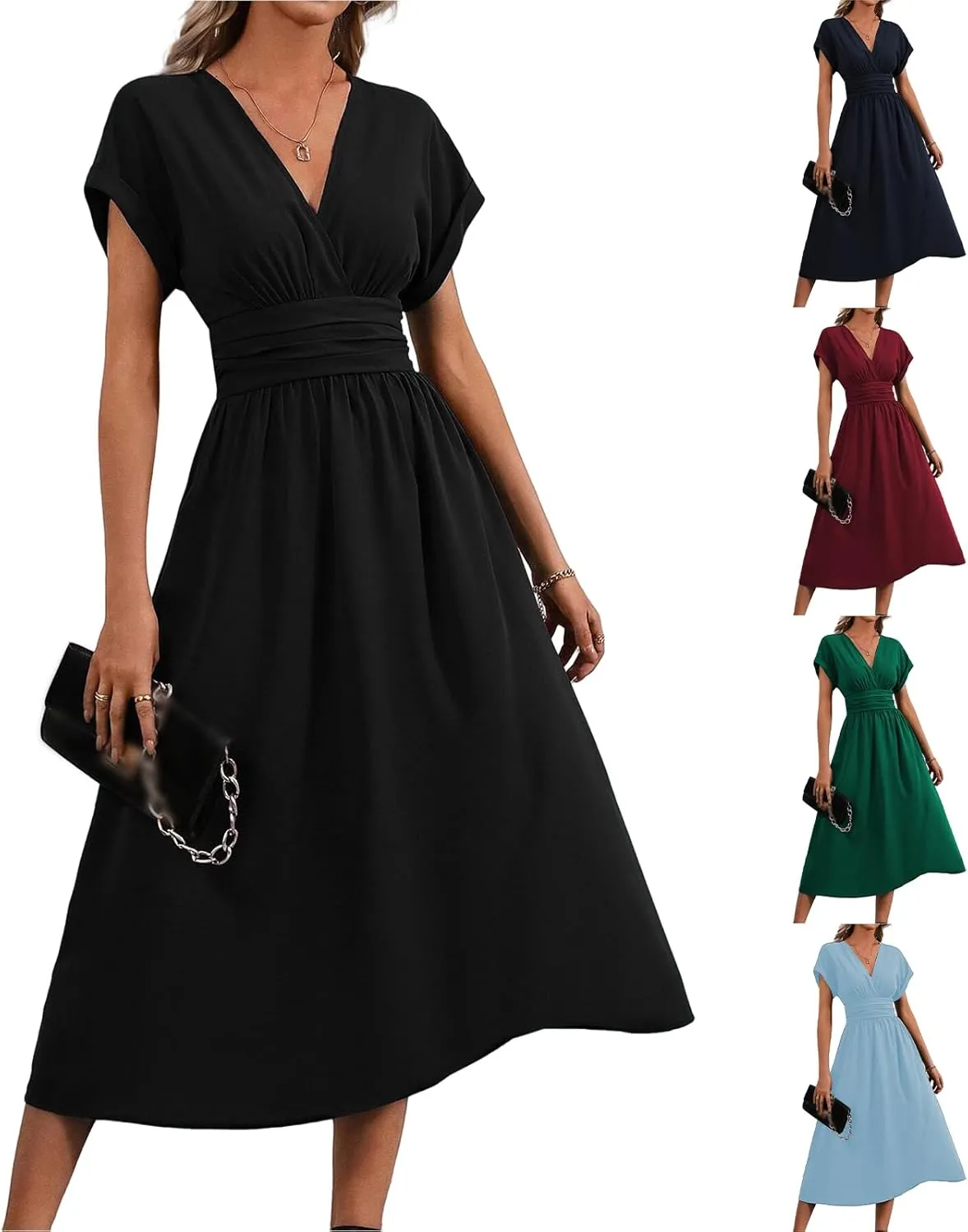 Summer Dresses for Women Short Sleeve Casual Dresses V-Neck Smocked High Waist Flowy Maxi Dress