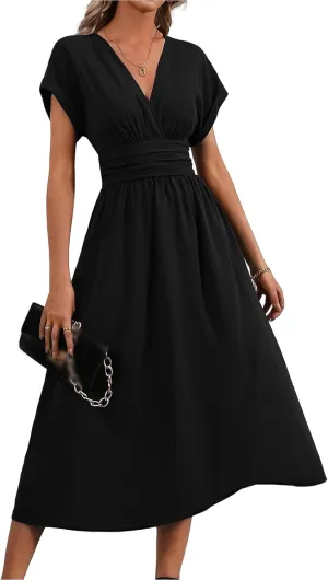 Summer Dresses for Women Short Sleeve Casual Dresses V-Neck Smocked High Waist Flowy Maxi Dress