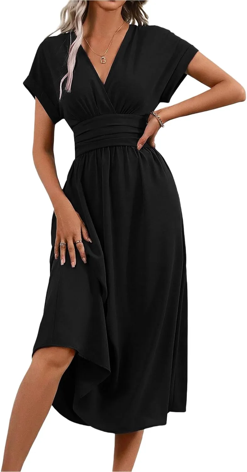 Summer Dresses for Women Short Sleeve Casual Dresses V-Neck Smocked High Waist Flowy Maxi Dress