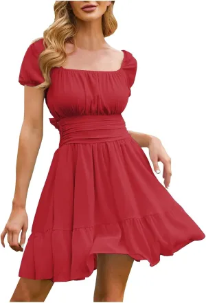 Summer Puff Sleeve Dress for Women 2025 Ruffle Hem Casual Short Mini Dresses Tie Back Square Neck A-Line Sundress