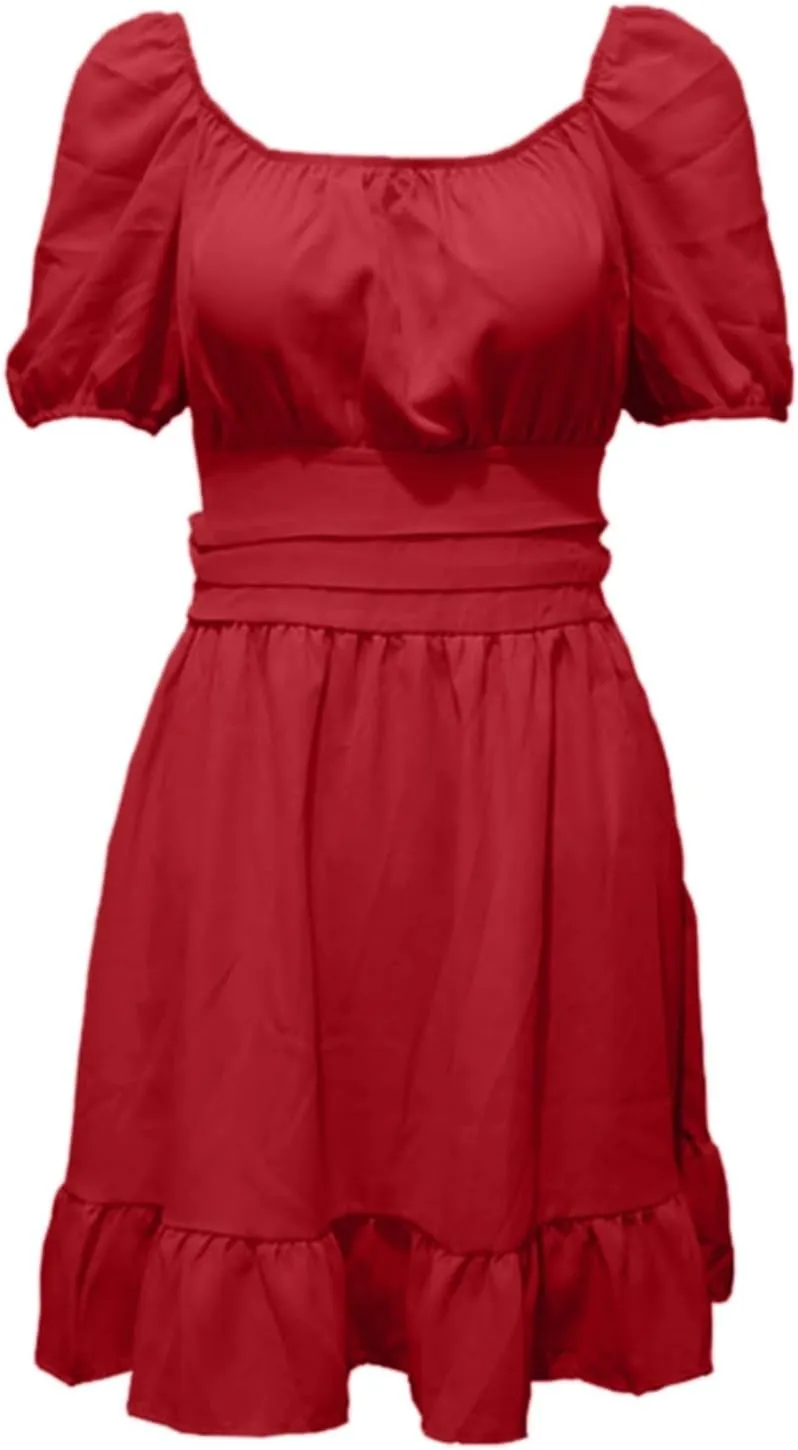 Summer Puff Sleeve Dress for Women 2025 Ruffle Hem Casual Short Mini Dresses Tie Back Square Neck A-Line Sundress