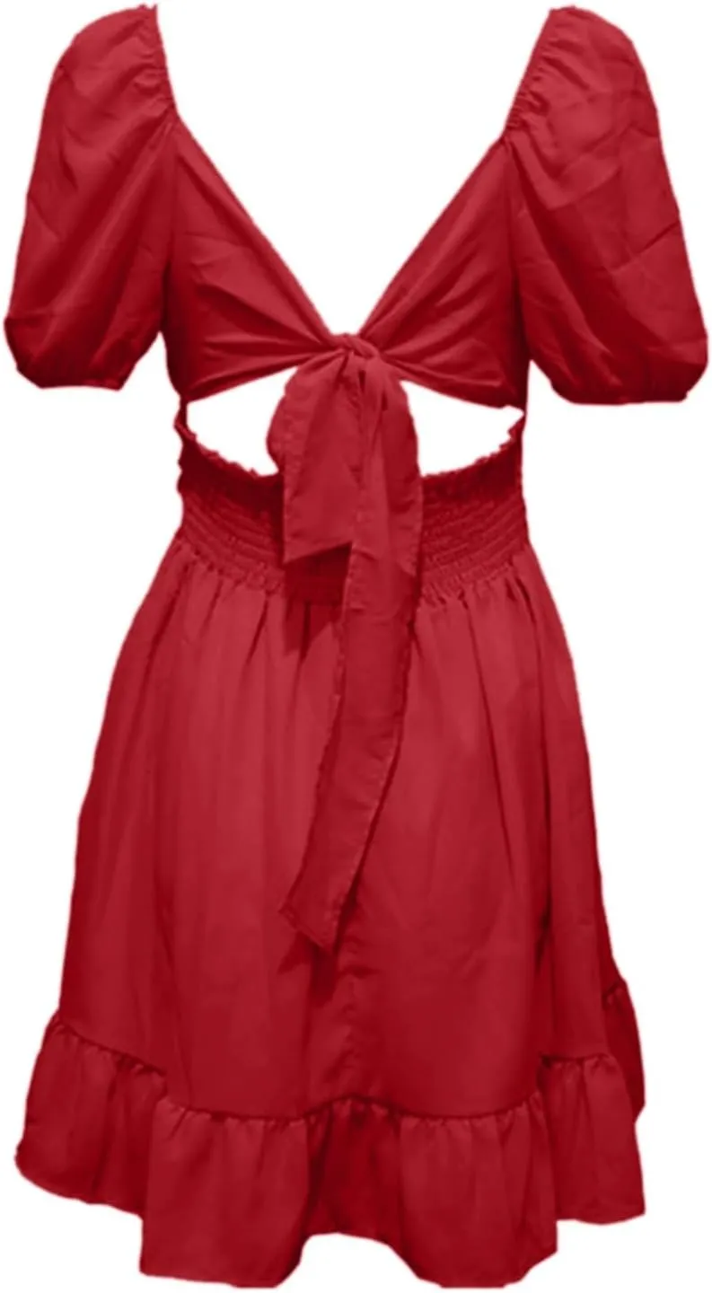 Summer Puff Sleeve Dress for Women 2025 Ruffle Hem Casual Short Mini Dresses Tie Back Square Neck A-Line Sundress