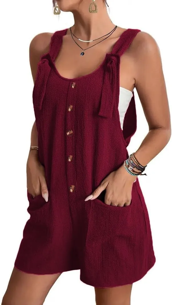 Summer Rompers for Women 2025 Casual Loose Short Overalls Adjustable Shoulder Straps Shorts Overall with Pockets
