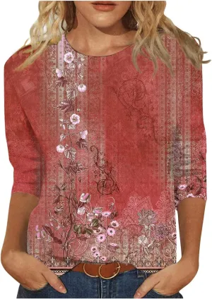 Summer Shirts for Women 3/4 Length Sleeve Crewneck Tops Trendy Loose Casual Printed Three Quarter Cute Blouse