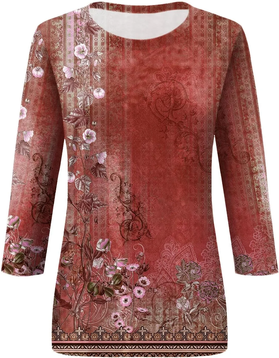 Summer Shirts for Women 3/4 Length Sleeve Crewneck Tops Trendy Loose Casual Printed Three Quarter Cute Blouse