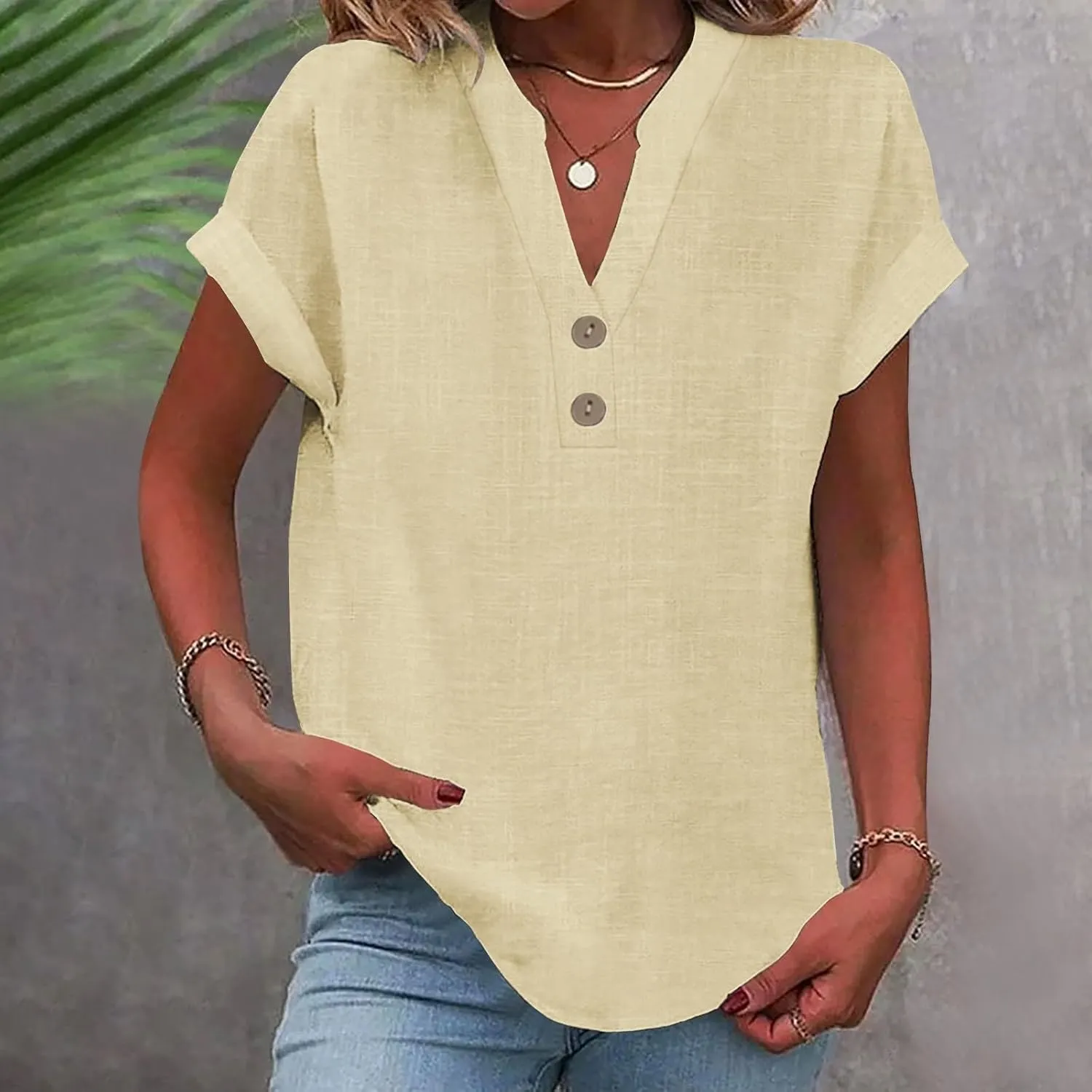 Summer Tops for Women 2025 Casual Short Sleeve Cotton Linen Shirts Button V Neck Tunic Blouse Beach Vacation Clothes