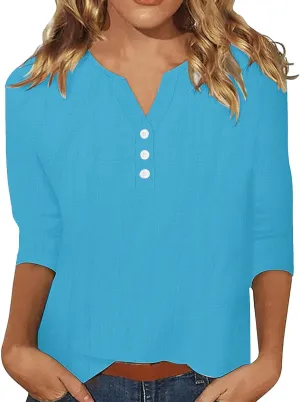 Summer Tops for Women 2025 Trendy Vacation 3/4 Sleeve Henley Shirts Cotton Linen Button V Neck T Shirt Casual Tees