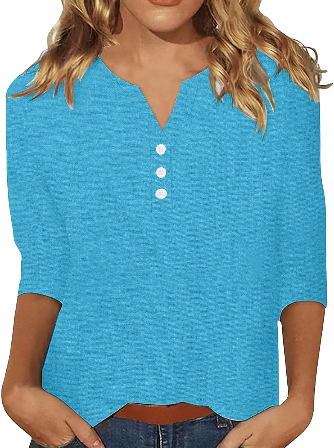 Summer Tops for Women 2025 Trendy Vacation 3/4 Sleeve Henley Shirts Cotton Linen Button V Neck T Shirt Casual Tees