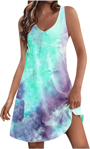 Sundresses for Women 2024 Casual Summer Tie Dye Tank Dress Sleeveless Loose a-Line Beach Vacation Resort Dresses