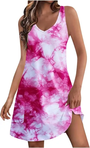 Sundresses for Women A Line Boho Floral Print Dresses Sleeveless Loose Fit Trendy Vintage Beach Dress