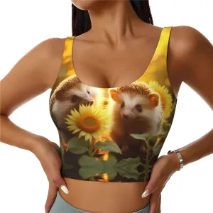 Sunflower and Hedgehog Women's Sexy Sports Vest Sleeveless Athletic Gym T-Shirts Vest U-Shaped Back Quick Dry Top